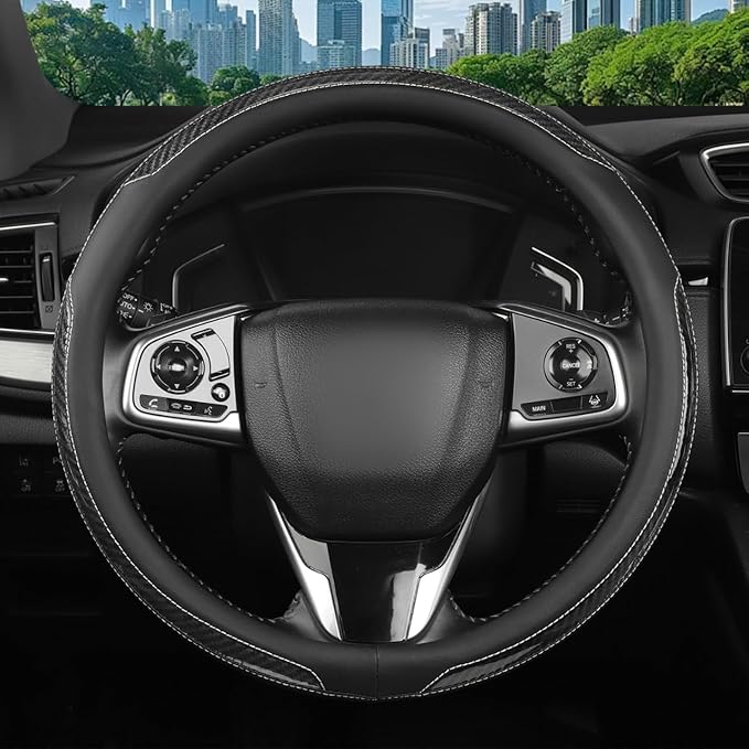 New Leather Car Steering Wheel Cover, Non-Slip Car Wheel Cover Protector Breathable Microfiber Leather Universal Fit for Most Cars(Black)