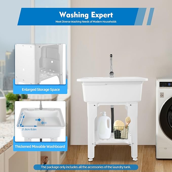 Freestanding Utility Sink Plastic Laundry Tub Sink with Storage Shelf Indoor Outdoor Slop Sink Wash Station for Bathroom Laundry Washing Room (White, 31.5 * 22.05 * 31.5in)