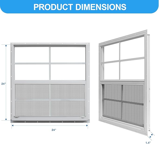 NeatiEase Upgraded Shed Windows 2 Pack, 24" x 24" Windows with Tempered Glass and Stainless Steel Screen for Shed, Chicken Coop, Playhouse, Household, Garage(White)