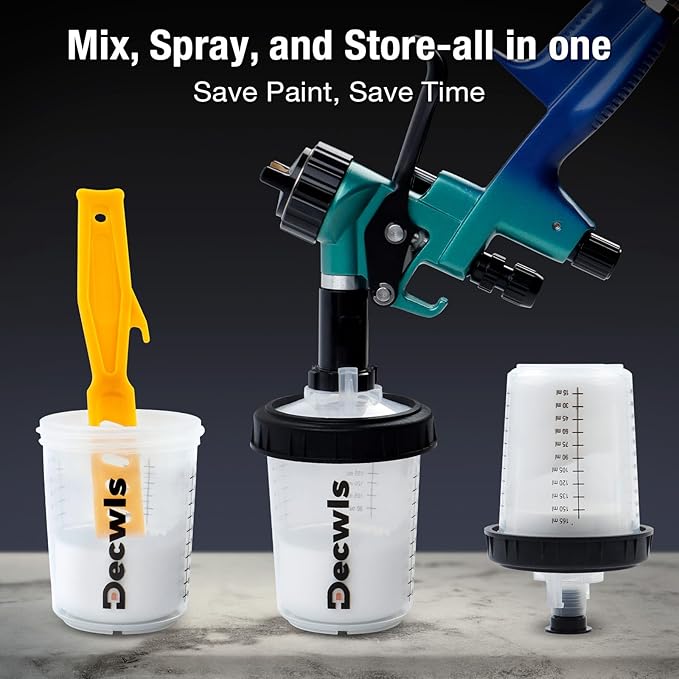 Disposable Paint Cups 6 Ounce(165ml), Mini Paint Mixing Cups with Lid and 30 Pack Paint Cup for Automotive Spray Gun, 125-Micron Filter, 2 Hard Cup with Retainer Ring, 20 Plugs, 1 Stirrer, 1 Seal Tape