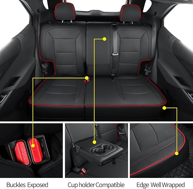 RISINGSTAR Terrain Seat Covers, fit for 2018-2024 GMC Terrain SUV with Rear Split Seats, Water Proof Faux Leather(Full Set, Black&Red)