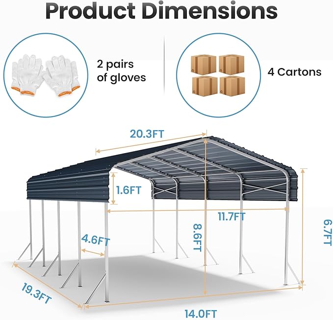 12x20ft Heavy Duty Metal Carport – Outdoor Galvanized Garage, Sturdy Structure, All-Weather Protection, Easy Assembly for Cars, Trucks, Boats, Tractors, and Outdoor Storage (Grey, 12x20FT)