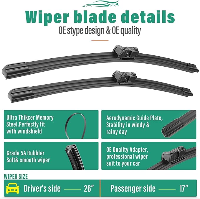 26" 17" 12" Windshield Wiper Blades Replacement for Cadillac SRX 2010 2011 2012 2013 2014 2015 2016 Premium All Weather Front Rear Wipers Set - OEM Quality (Pack of 3)