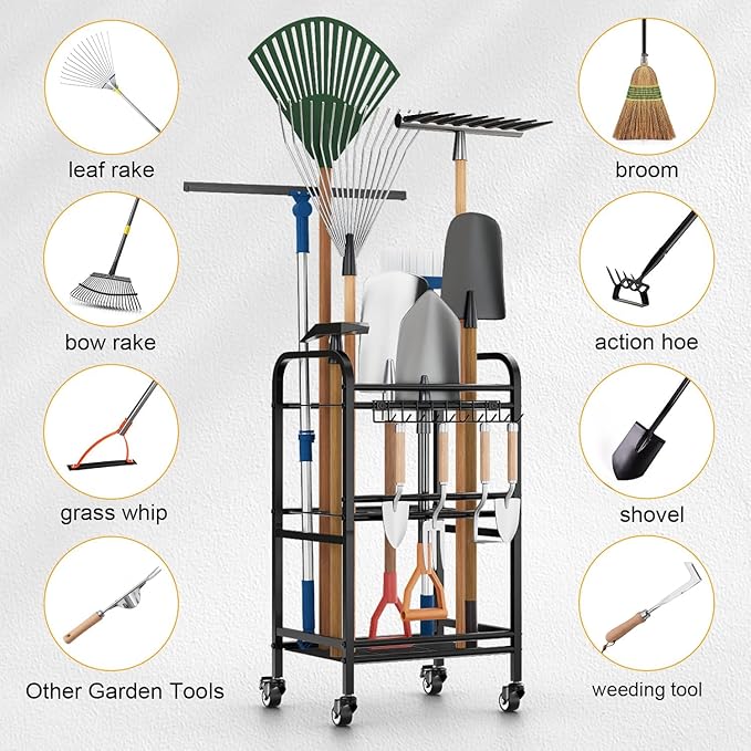 FZK Garden Tool Organizer,Garage Storage,Garden Tool Organizer for Garage,Yard Tool Organizer for Garage,Wheeled Garden Tool Rack,Up to 40 Long-Handled Garden Tool Storage,Garage Tool Organizer