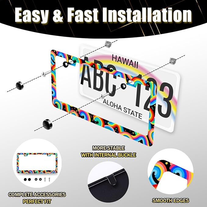 Boho Rainbow License Plate Frame Colorful License Plate Holder Stainless Steel Funny Colorful Car Accessories Decoration 6.3" X 12.3" with 2 Holes Screws