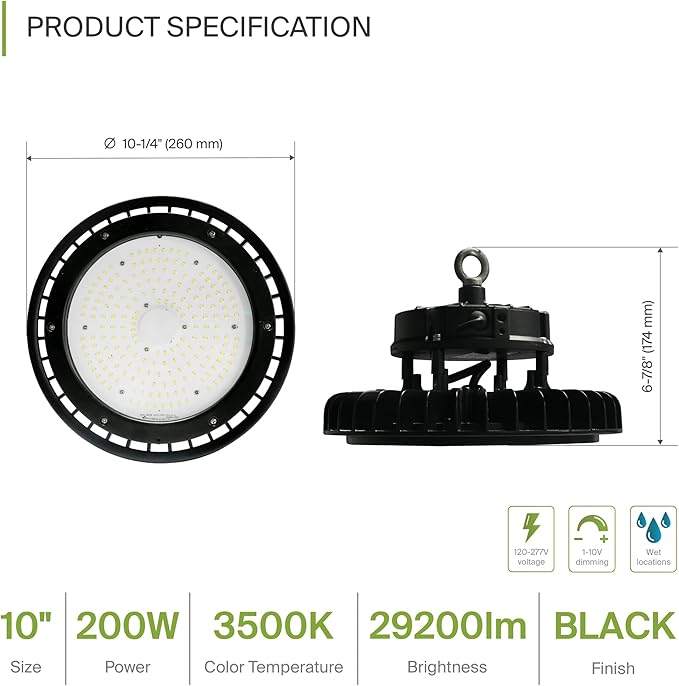 ASD LED High Bay UFO Light Fixture, Commercial Shop Lighting | Dimmable, IP69K Waterproof, DLC Premium, UL Listed | 200W 29000LM 3500K 100-277V | Warehouse, Garage, Workshop, Barn Lamp | Black, 6 Pack