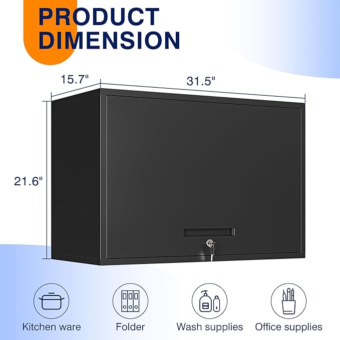 Yizosh Metal Garage Wall Cabinet with Doors and Shelves, Wall Mounted Metal Storage Cabinet, Floating Garage Tool Cabinet for Garage, Basement, Kitchen, Warehouse (Black, 21.6" H)