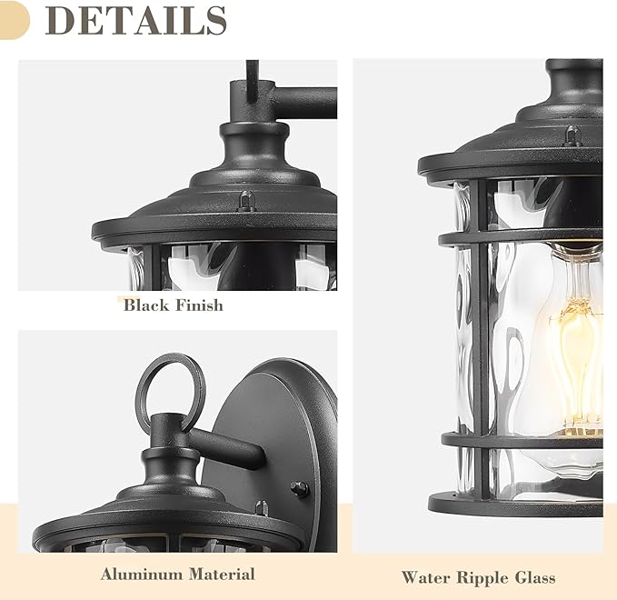 Emliviar 1-Light Outdoor Wall Mounted Lighting, Matte Black Outside Porch Light, 11.4" Aluminum Carriage Light with Water Ripple Glass, XE229BS BK-WG