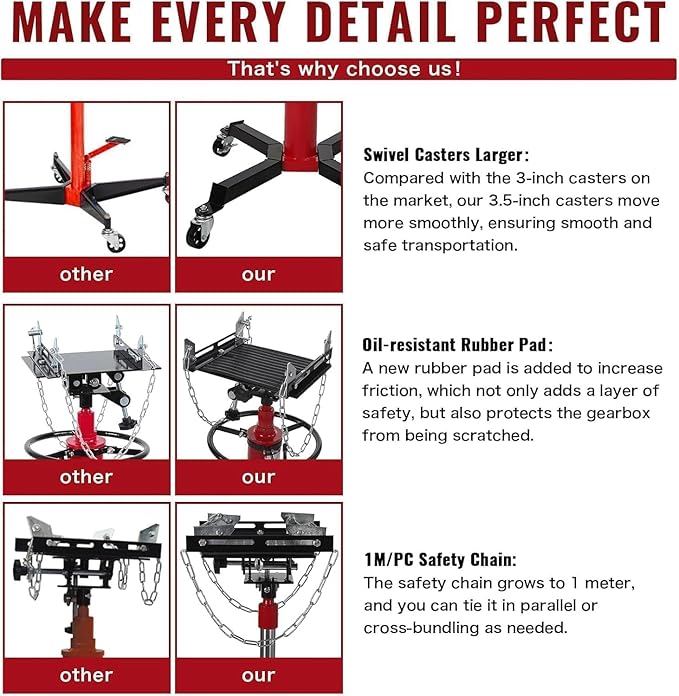 Transmission Jack with 1 Stage Hydraulic Ram, 1322 LBS Hydraulic Telescoping Transmission Jack with Foot Pedal & 360° Swivel Wheels, Heavy-Duty Garage/Workshop Jacks for Car/Truck Repairs, Red