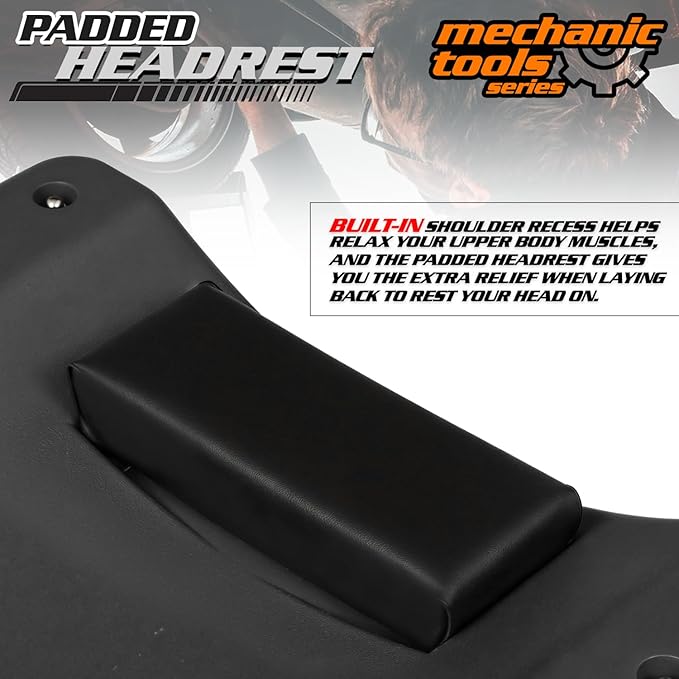 M-AUTO Mechanic Roller Creeper with Padded Headrest, Dual Tool Trays Rolling Creeper for Garage Shop Auto Work Repair, 40" Light Weight Mechanic Cart, Black
