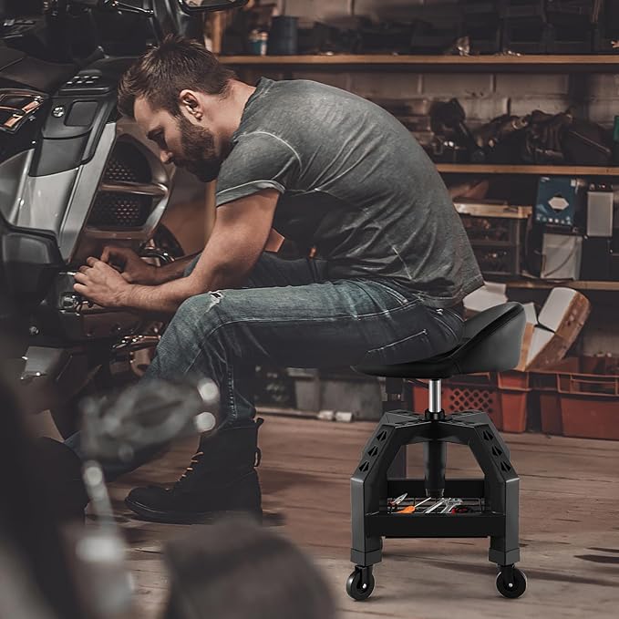 S AFSTAR Shop Stool with Wheels, Height Adjustable Garage Stool with 4 Universal Wheels & Tool Tray, 330 LBS Capacity, Heavy Duty Creeper Chair Seat Rolling Mechanic Stool for Garage Workshop (Black)