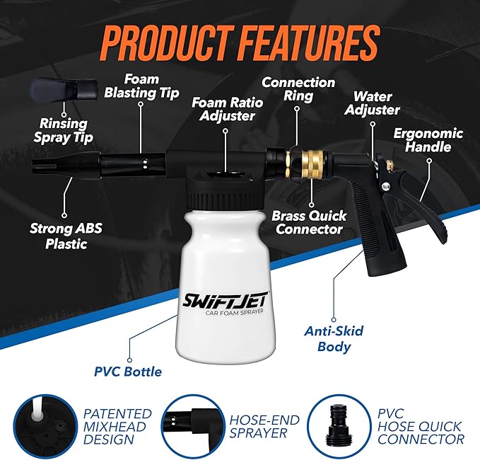 SwiftJet Car Wash Foam Sprayer Gun with Microfiber Wash Mit - Adjustable Water Pressure & Soap Ratio Dial - Foam Cannon Attaches to Any Garden Hose (Foam Sprayer with Wash Mit (Black))