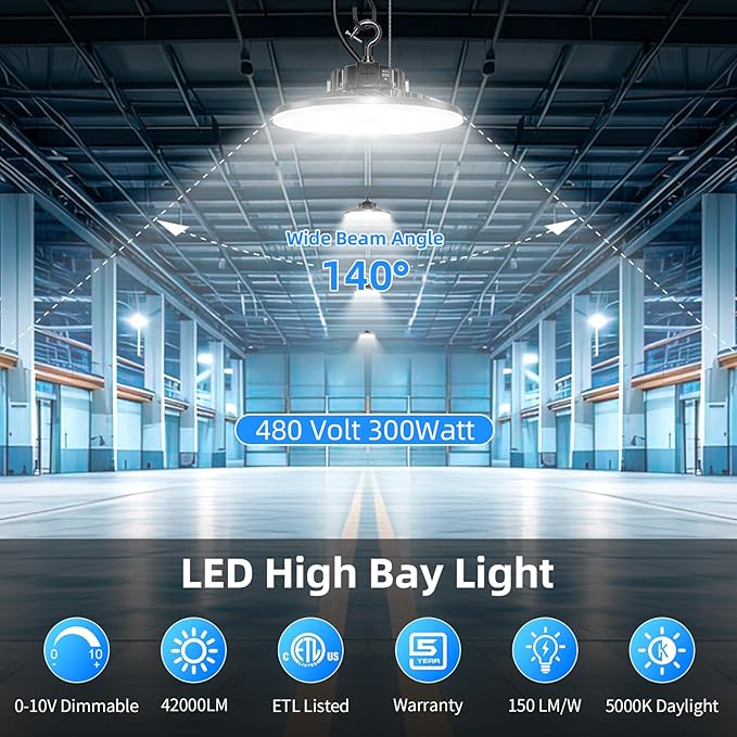 480V LED High Bay Light 300W 240W 200W Adjustable UFO Light 42000LM ETL DLC Listed Dimmable High Bay LED Shop Lights 5000K Daylight IP65 Waterproof Commercial Bay Lighting for Warehouse Factory