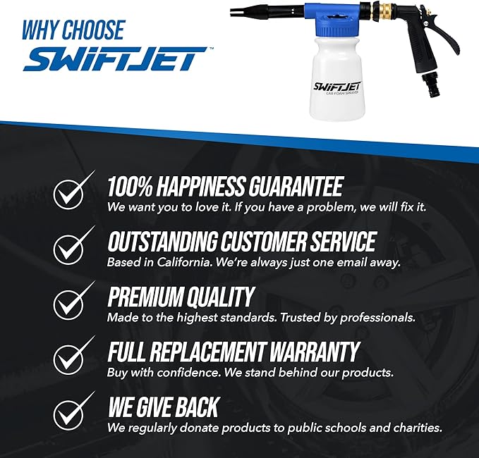 SwiftJet Car Wash Foam Gun + Microfiber Wash Mitt - Car Foam Sprayer - Car Wash Kit - Foam Cannon Garden Hose Sprayer - Car Accessories for Men - Snow Foam Blaster (Blue Foam Gun with Mitt)