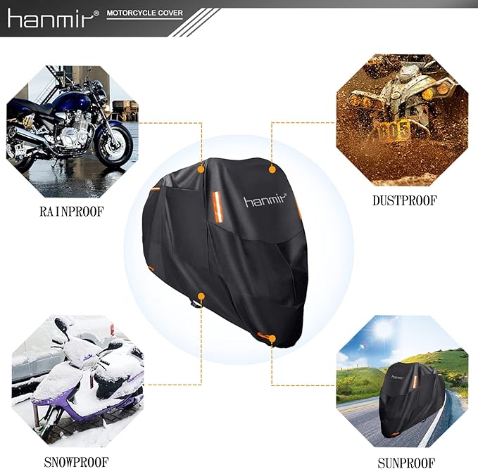 Motorcycle Cover,Motorbike Cover All Season Universal Weather Waterproof Outdoor UV Protection with 4 Reflective Strips & Storage Bag,4XL Motorcycles Vehicle Cover