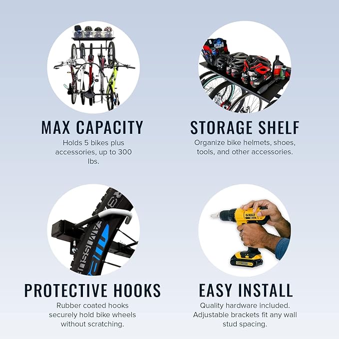 StoreYourBoard Bike Storage Rack with Shelf – Heavy Duty Garage Bike Storage Rack for 5 Bicycles, Adjustable Vertical Bike Rack, Bike Rack Shelf for Helmets & Gear, Holds 300 lbs