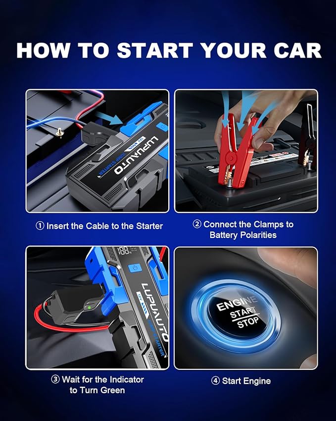 3000A Jump Starter, Portable Car Battery Jump Starter for Up to 9.0L Gas & 7.0L Diesel Engines, Car Battery Booster Pack with Built-in LED Light
