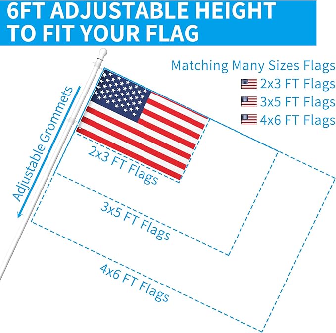ZMTECH Flag Pole - Upgraded Bracket, (2 Packs) 6 FT Stainless Steel Flag Poles for Outside House, Residential or Commerical, Tangle Free Flag Pole Kit for American Flag (Without Flag, White)