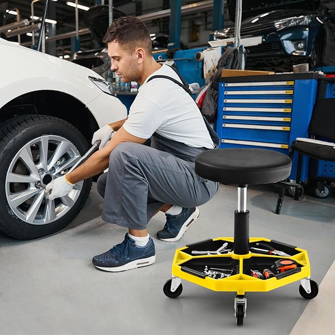 IRONMAX Rolling Mechanic Stool, Adjustable Shop Stool Creeper Seat with Removable Tool Tray, Padded Plush Cushion, Universal Wheels, Heavy Duty Metal Frame, 330 LBS Max Load (Yellow)