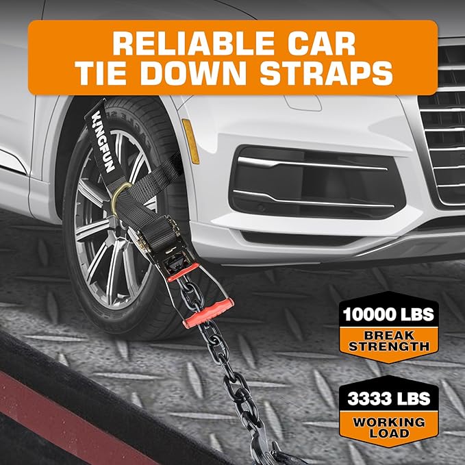Kingfun Car Tie Down Straps for Trailers 4 Pack Lasso Straps - 2" x 120" Heavy Duty Trailer Strap, 10,000 lb Break Strength, Over The Wheel for Car Hauler, Truck, UTV, Utility Trailers