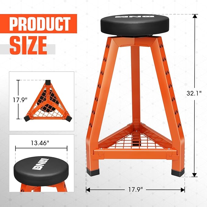 DNA MOTORING Heavy-Duty Padded Seat, Mechanics Shop Garage Stool, 300lbs Capacity Metal Stool Chair for Workshop, W/Tool Storage Tray, 360° Swivel Padded Seat, TOOLS-00639-BK-RD