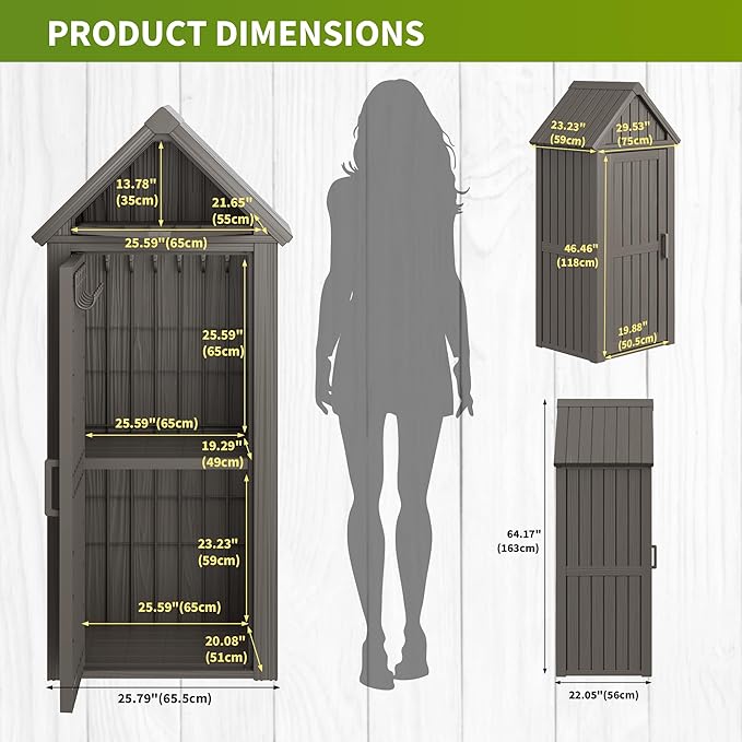 Shed Outdoor Storage Shed with Sloping Roof and Lockable Door, Resin Outdoor Storage Box Cabinet Waterproof and Multiple Hooks for Backyard, Patio, Poolside, Grey