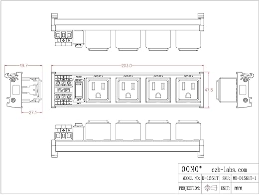 DIN Rail Mount AC 120V NEMA 5-15R 4 Receptacles Outlet Power Strip Module, with Rocker Switch Thermal Circuit Breaker Overload Protector