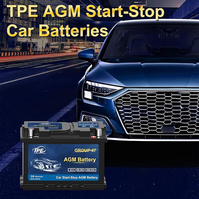 TPE AGM Battery BCI Group 47, Maintenance Free 12V 62Ah, H5 Size, 100RC, 640CCA, Automotive Battery, Reliable Performance for Cars Lead-Acid