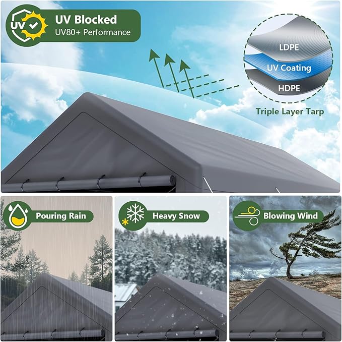 10x20ft Heavy Duty Carport with Removable Sidewalls,All Weather Carport Garage Party Tent Large Outdoor Canopy Storage Shed for Auto,Truck,Boat,Party (Grey)
