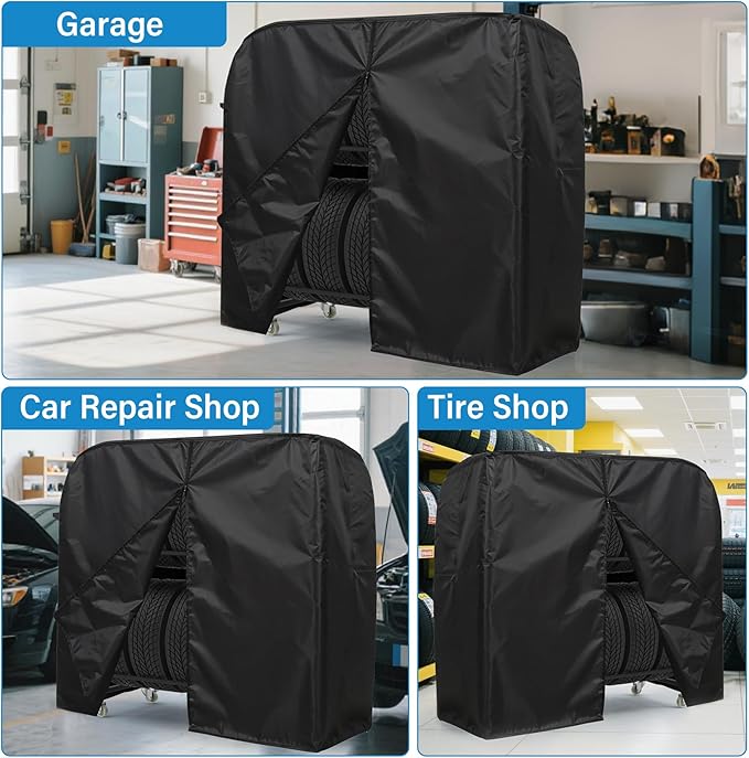 Tire Storage Rack 44" x 44" x 18" w/Anti-dust Cover, Rolling Tire Rack Adjustable, Tire Rack for Garage Black w/4 Swivel Casters & 2 Storage Shelf for Garage Storage