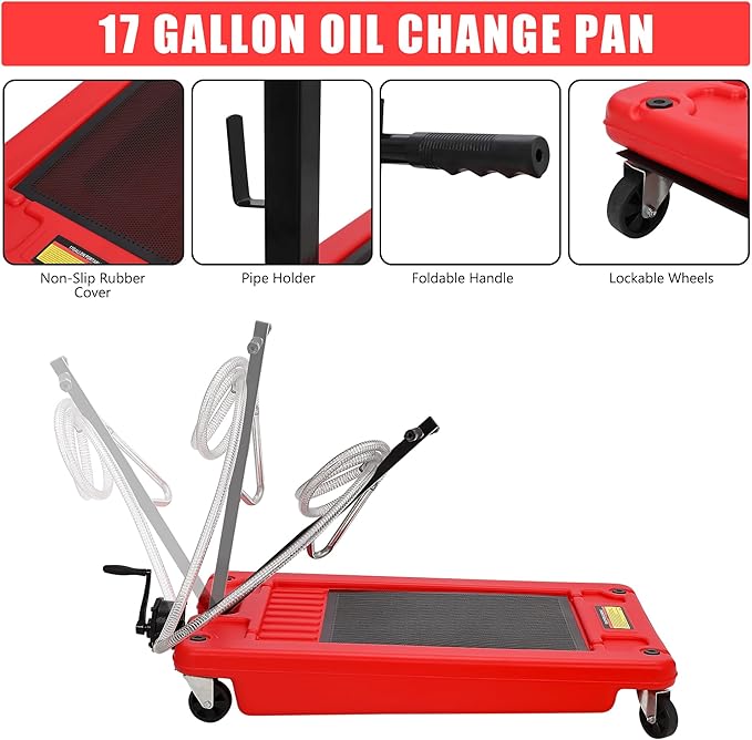 ‌17 Gal Low Profile Oil Drain Pan, Heavy Duty Mobile Oil Changing Pan with Hand Pump, 8 Ft Hose & Quick Drain Valve, Leak-Proof Design for Truck Car Motorcycle, Garage Workshop Use