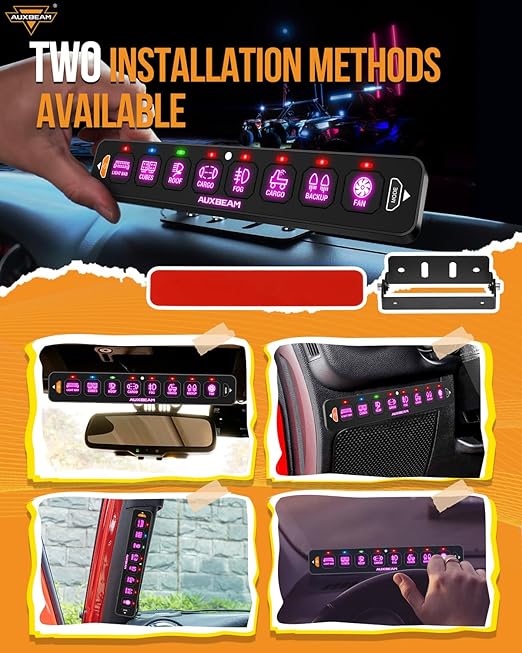 Auxbeam 8 Gang Slim Switch Panel RGB AS-R80 Toggle Momentary Pulsed Dimmable Backlight 80A Multifunction Switch Panel with Memory Function for 12-24V Truck Offroad Car Marine 2 Years Warranty