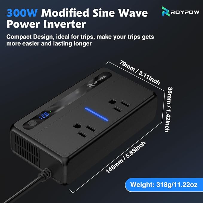 RoyPow 300W Car Power Inverter, DC 12V to 110V AC Power Inverter with Cigarette Lighter Port, Car Plug Adapter Outlet with 3.4A USB-A, QC3.0 24W, PD 30W, PD 36W, Dual AC Outlets, Car Charger Adapter
