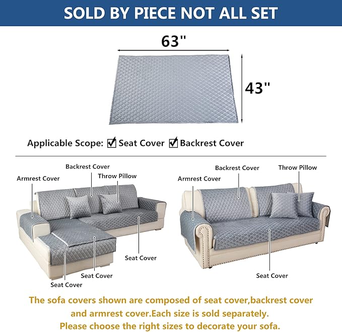Eismodra Couch Cover,Sectional Couch Covers,Sofa Covers for 3 Cushion Couch,Anti-Slip Sofa Slipcovers for Dogs Cats Kids Loveseat Recliner L Shaped Armrest,Light Gray 43''x63''(Only 1 Piece)