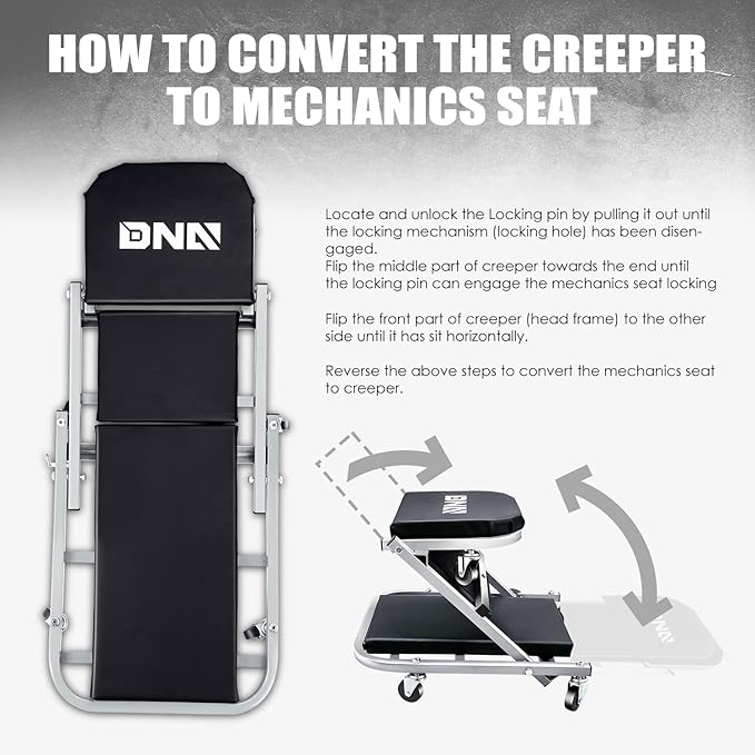 ‎DNA MOTORING TOOLS-00187 40 Inches 2 IN 1 Rolling Folding Car Creeper/Seat, 6 Pcs 2" Casters, 150kg Weight Capacity, Gray