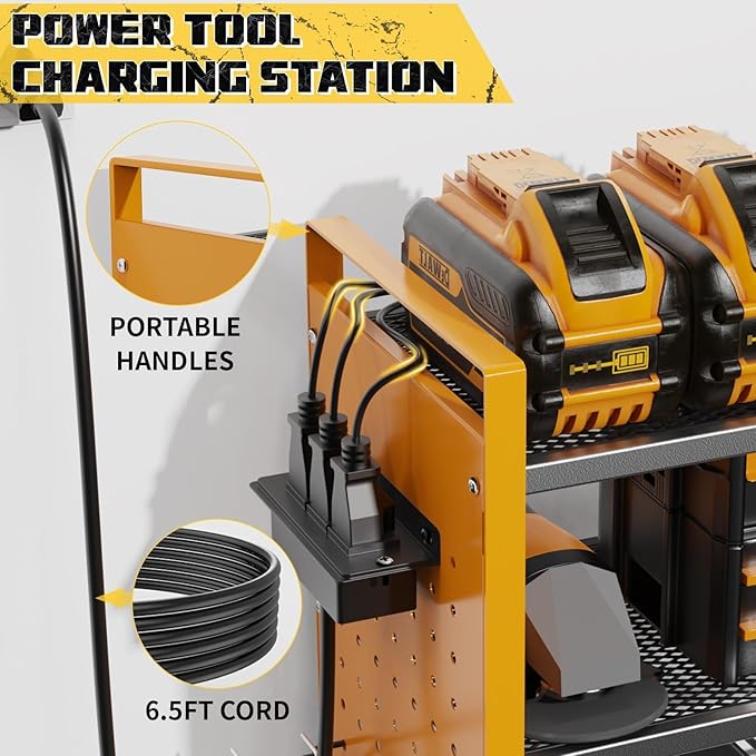 Power Tool Organizer with Charging Station Wall Mount, 3 Layer Expanded Heavy Duty Garage Organization, 48.8 Inch Length Garage Tool Storage, 4 Drill Slot, 16" Standard Hole, Yellow