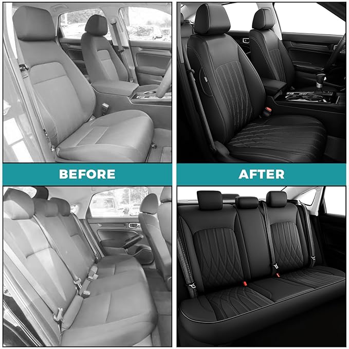 Seat Covers for Honda Civic Sedan 4DR Sedan LX 2022 2023 2024 2025.Faux Leather Car Seats Cover Full Set,(Rear Row Solid Folding Backrest)-Black