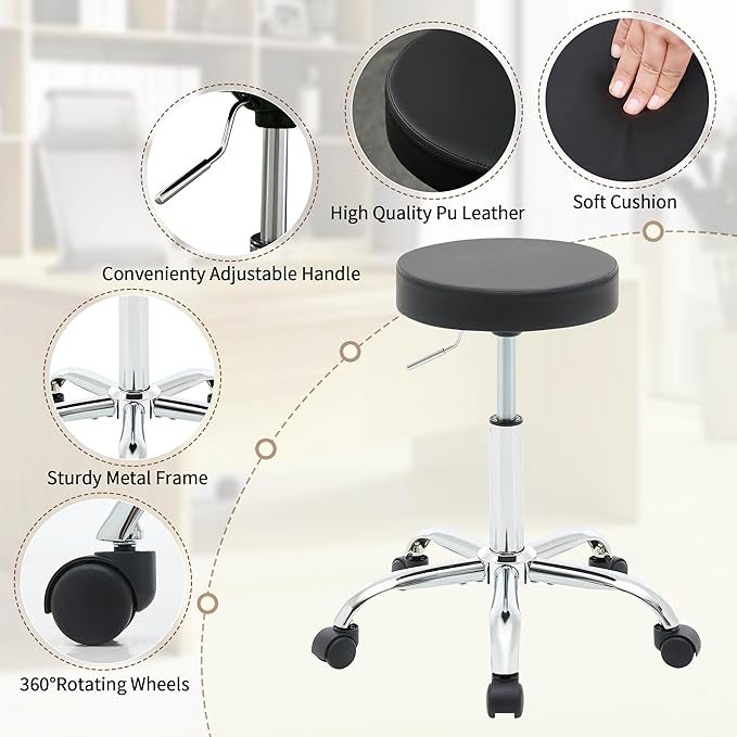 Tatto Rolling Chair, Height Adjustable Backless Chair for Desk 19.5’’-26.6’’,Black Salon Stool(Black)