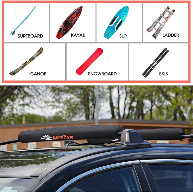 Universal Car Soft Roof Rack Pads Luggage Carrier System for Kayak Surfboard SUP Canoe Include 2 Heavy Duty Tie Down Straps, 2 Tie Down Rope, 2 Quick Loop Strap (Use with Crossbar)
