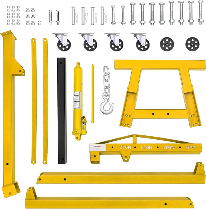 2 Ton Engine Hoist, 4000 Lbs Heavy Duty Folding Cherry Picker Engine Lift Hydraulic Tilting Engine Shop Crane with 6 Iron Caster Wheels Telescopic Boom Hitch,Yellow