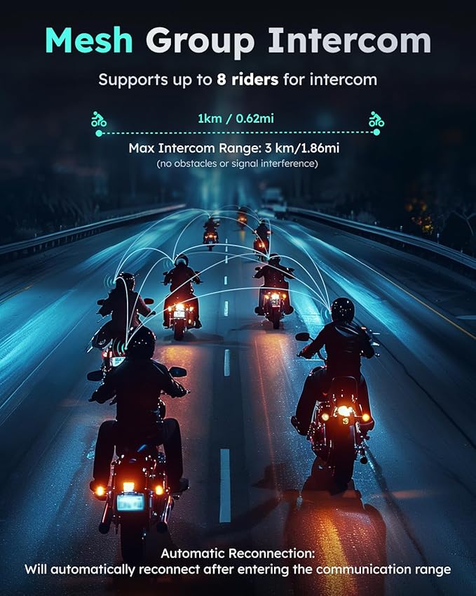 S1 Motorcycle Bluetooth Headset with 3 Intercom Modes, 8-Rider Mesh Communication, AI Voice, FM Radio, Auto Volume, Waterproof, Fast Charging for Helmet/ATV/UTV/Snowmobile(Blue)