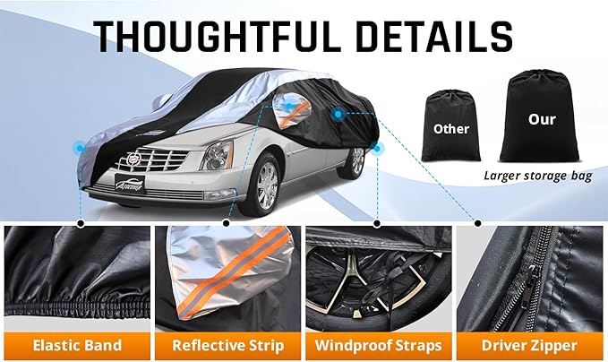 Car Cover Waterproof All Weather with Silver Strip Design, Custom Fit for DTS(2006–2011), XTS(2013-2019), CT6(2016-2020), DTS Accessory with Door Zipper & Windproof Straps
