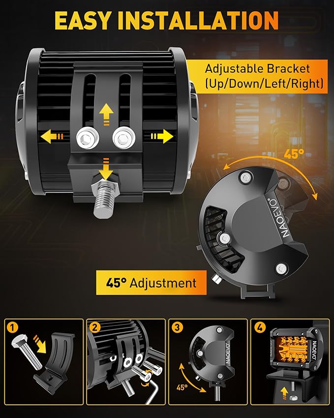 NAOEVO 4 Inch LED Pod Lights, Spot Flood Amber LED Fog/Driving/Off Road Lights with 2 Leads Wiring Harness, Cube Pods for Truck Boat ATV UTV, 2 Pcs (Amber)