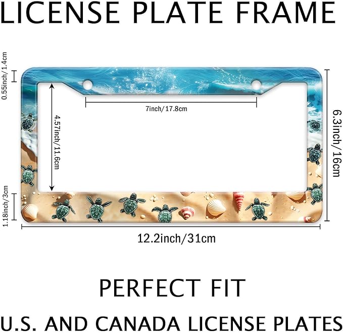 Cute Beach Turtles License Plate Frame, Sea Turtles Sea Shell Starfish Front License Plate Holder Cover, Metal Aluminum Rustproof Car Accessories for Women Men 2 Holes with Screw Caps
