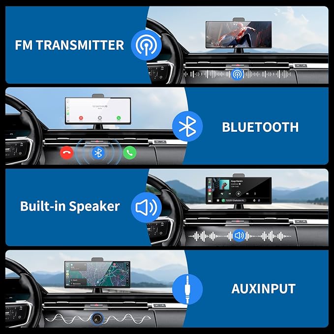 10.26" HD Wireless Android & Carplay Screen for Car, Portable Touchscreen Car Stereo with 4K Dash Cam, 1080P Backup Camera, Bluetooth, AUX/FM, Siri, Mirror Link, GPS Navigation