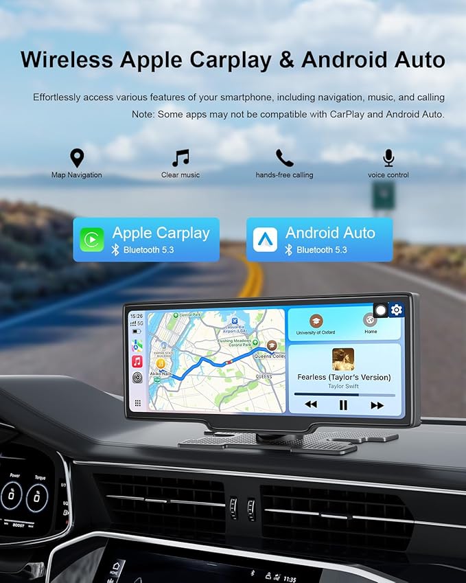 Portable Carplay Screen 10.26'' HD IPS Apple Carplay & Android Auto Screen for Car, Wireless Car Play Stereo with 4K Dash Cam/1080P Rear Camera, Car Audio Receivers,GPS Navigation,Mirror Link,FM,Siri