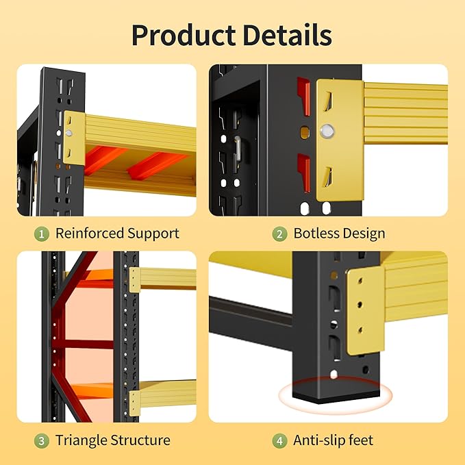 Garage Shelving Unit, 4 Tier Heavy Duty Racks, Easy Assembly, Metal Racks with Adjustable Shelves, 3000 LBS Load Capacity,for Warehouse,Basement (Black&Yellow, 19.7" D x 47.2" W x 78.7" H)