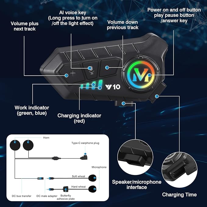 FEYA Motorcycle Helmet Speakers High Battery Life Helmet Headphone IPX6 Automatic Answer/Call Music Control/Intelligent Noise/Wake up Siri, 2 Different Types of Mic - Compatible with All Helmets