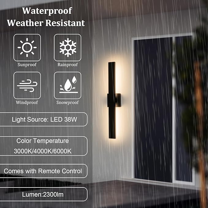 Modern Outdoor Wall Light 3CCT Dimmable LED Outdoor Sconce Lights with Remote Control(3000K 4000K 6000K), 27.2" Black Outside Light Fixtures for House Front Door Garage Porch & Patio