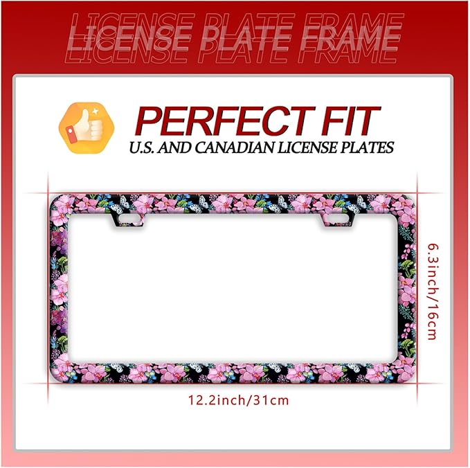 Cherry Blossom Butterfly License Plate Frame Funny License Plate Frames Stainless Steel Accessories Cars Decor with 2 Holes and Screws Fits Standard Us Ca Vehicles License Plate Holder 12.2 X 6 Inch